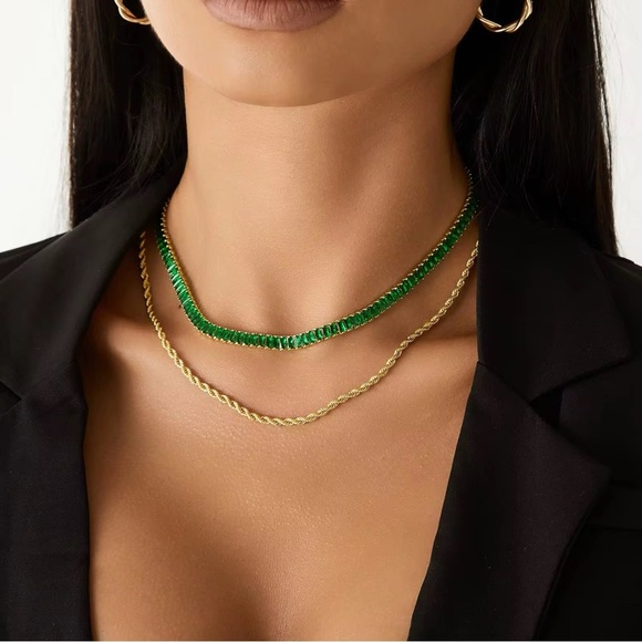 18K Gold Plated Green Tennis Chain Necklace - Picture 5 of 7
